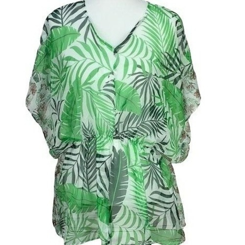 West Loop Green Tropical Palm Leaf Beach Cover Up OSFM Chiffon V-Neck 293571